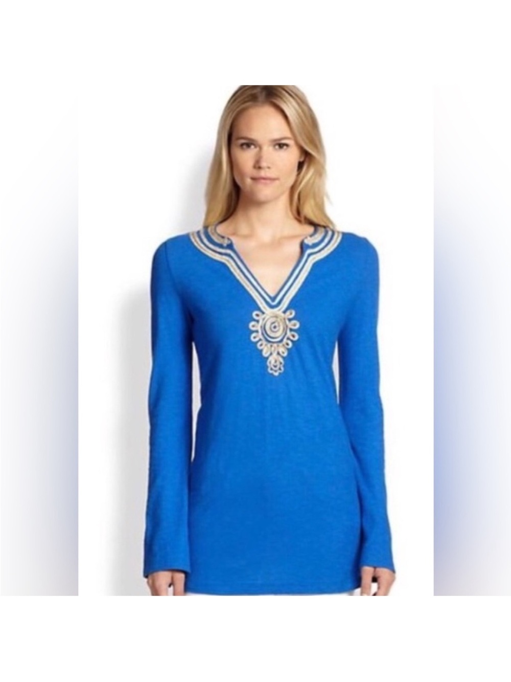 Lilly Pulitzer Blue Long-Sleeve Tunic with Embellished V-Neck